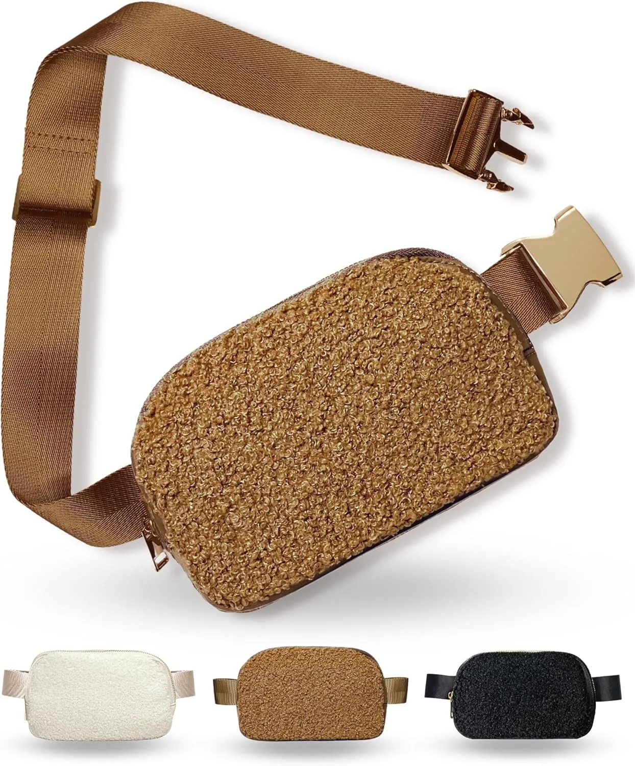 Boutique Fleece Belt Bag | Sherpa Crossbody Bag Fanny Pack for Women Fashionable | Everywhere Waist Pack | Small Fashion Travel Chest Bag (Small Strap Length, Caramel Fleece)