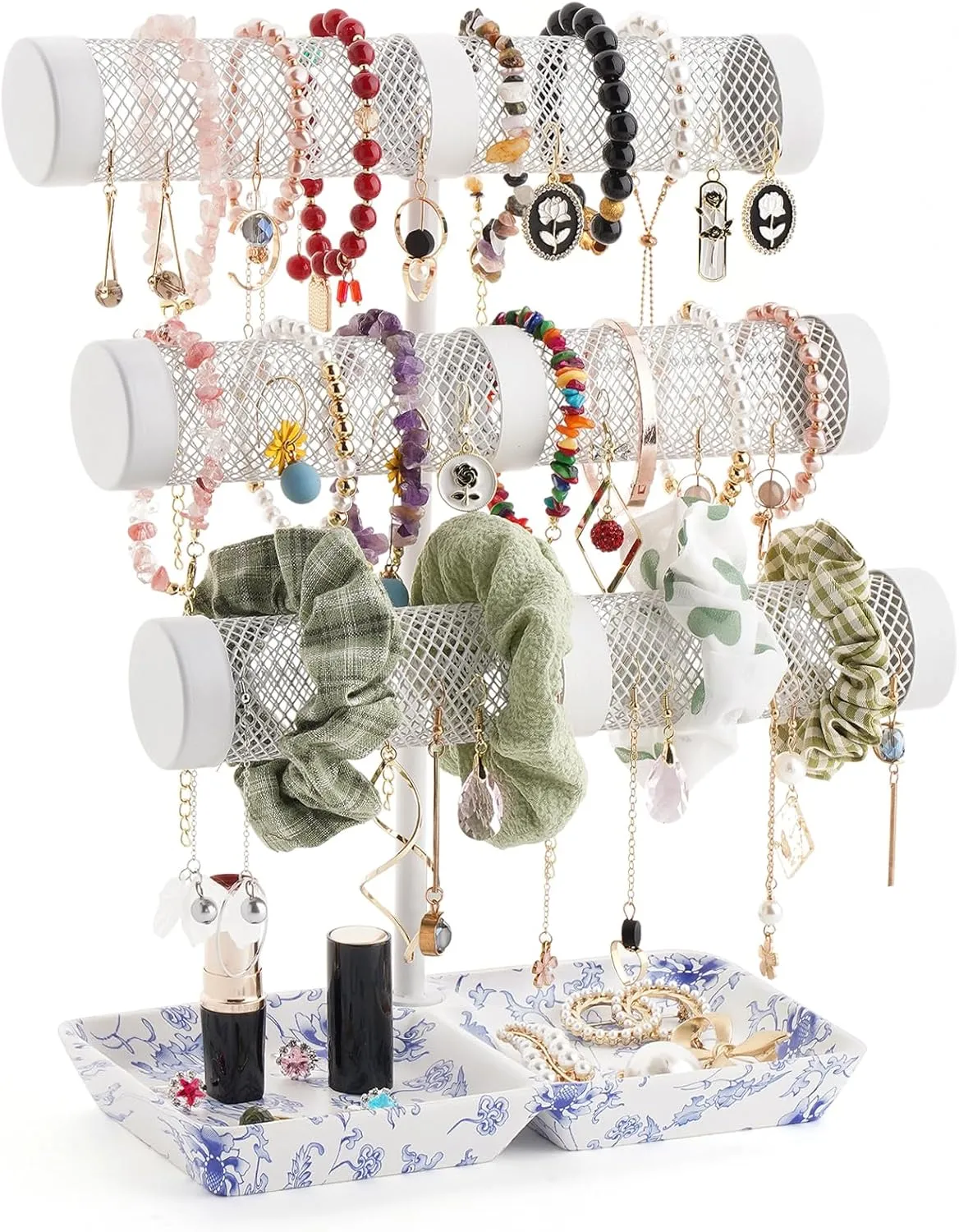 Bracelet Holder, 3 Tiers Bracelet Display Stand, Jewelry Organizer Display for Bracelets Earring Long Necklace Watches Scrunchie and Porcelain Ring Tray as Girls Women Gift