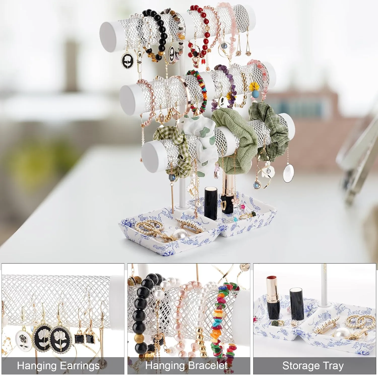 Bracelet Holder, 3 Tiers Bracelet Display Stand, Jewelry Organizer Display for Bracelets Earring Long Necklace Watches Scrunchie and Porcelain Ring Tray as Girls Women Gift