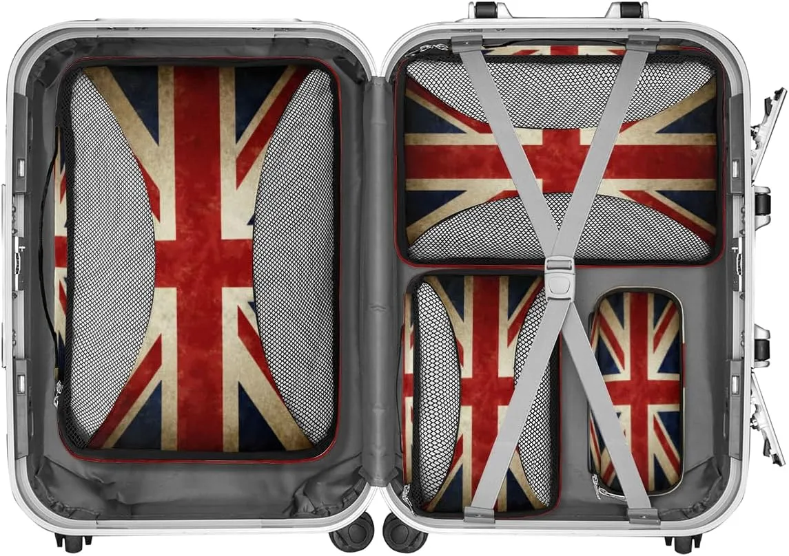 Britain Flag Travel Packing Cubes 4 Set, British Flag Luggage Packing Organizers Carry on Suitcase Storage Mesh Bags Accessories