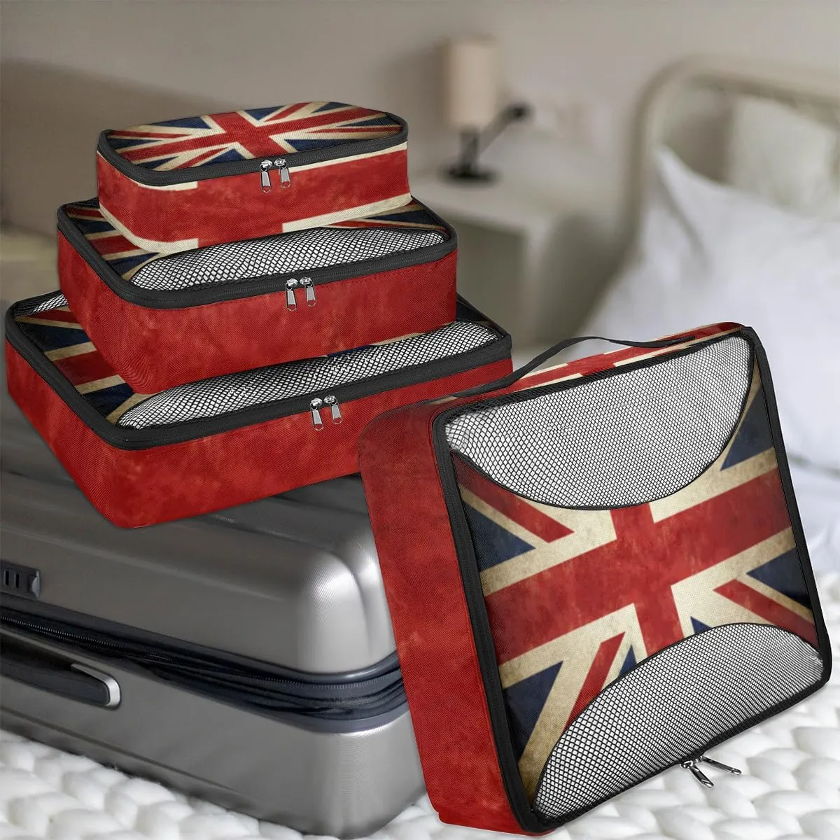 Britain Flag Travel Packing Cubes 4 Set, British Flag Luggage Packing Organizers Carry on Suitcase Storage Mesh Bags Accessories