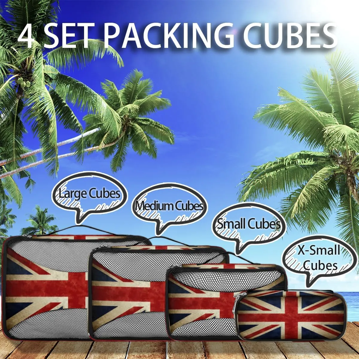 Britain Flag Travel Packing Cubes 4 Set, British Flag Luggage Packing Organizers Carry on Suitcase Storage Mesh Bags Accessories