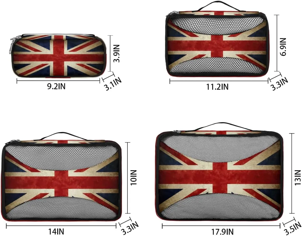 Britain Flag Travel Packing Cubes 4 Set, British Flag Luggage Packing Organizers Carry on Suitcase Storage Mesh Bags Accessories