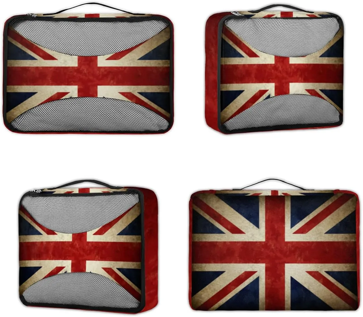 Britain Flag Travel Packing Cubes 4 Set, British Flag Luggage Packing Organizers Carry on Suitcase Storage Mesh Bags Accessories