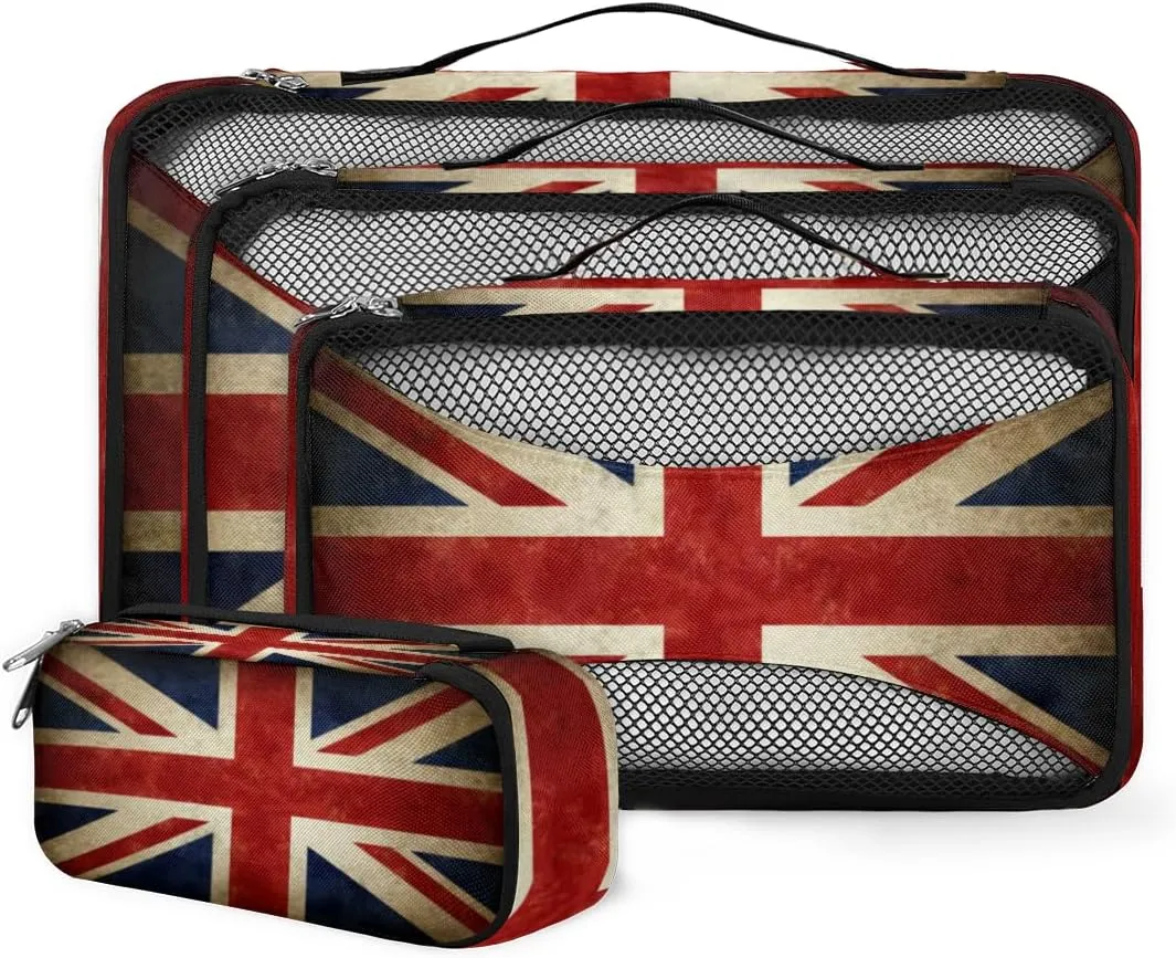 Britain Flag Travel Packing Cubes 4 Set, British Flag Luggage Packing Organizers Carry on Suitcase Storage Mesh Bags Accessories