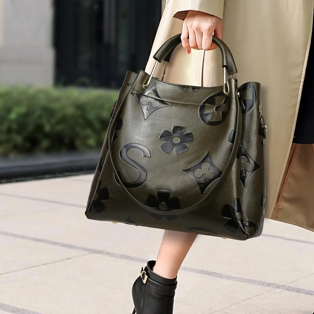 Bucket Bags for Women Floral Embossed Tote Bag Women's Top-handle Handbags Trendy Vintage Vegan Leather Shoulder Bag