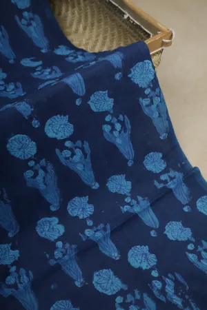 Butta Floral on Blue Block Printed Fabric - 1.9m