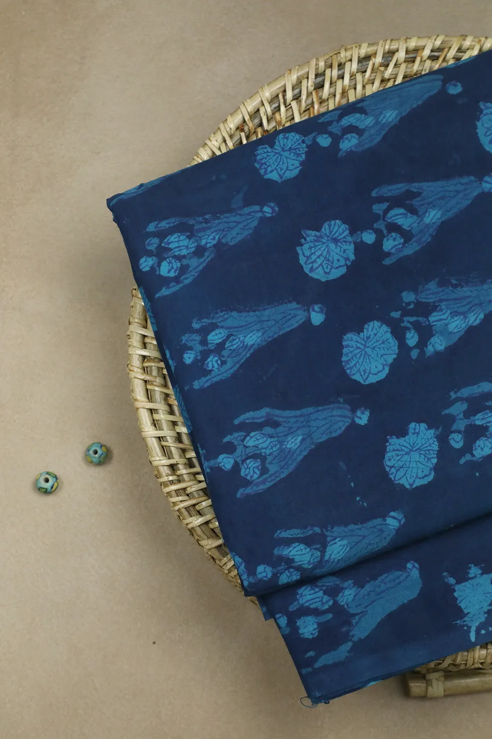 Butta Floral on Blue Block Printed Fabric - 1.9m