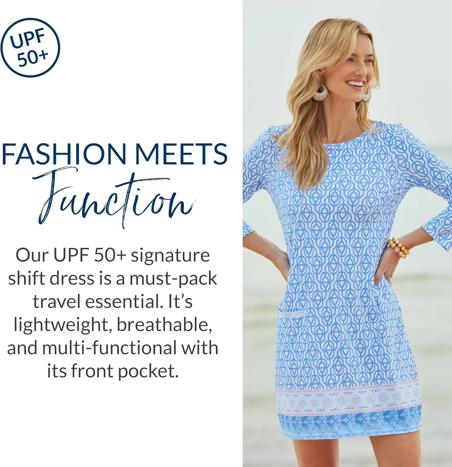 Cabana Life Shift Dress, UPF 50  Sun Protection Casual Dress, Boat Neckline, Quarter Sleeve, Womens Fashion