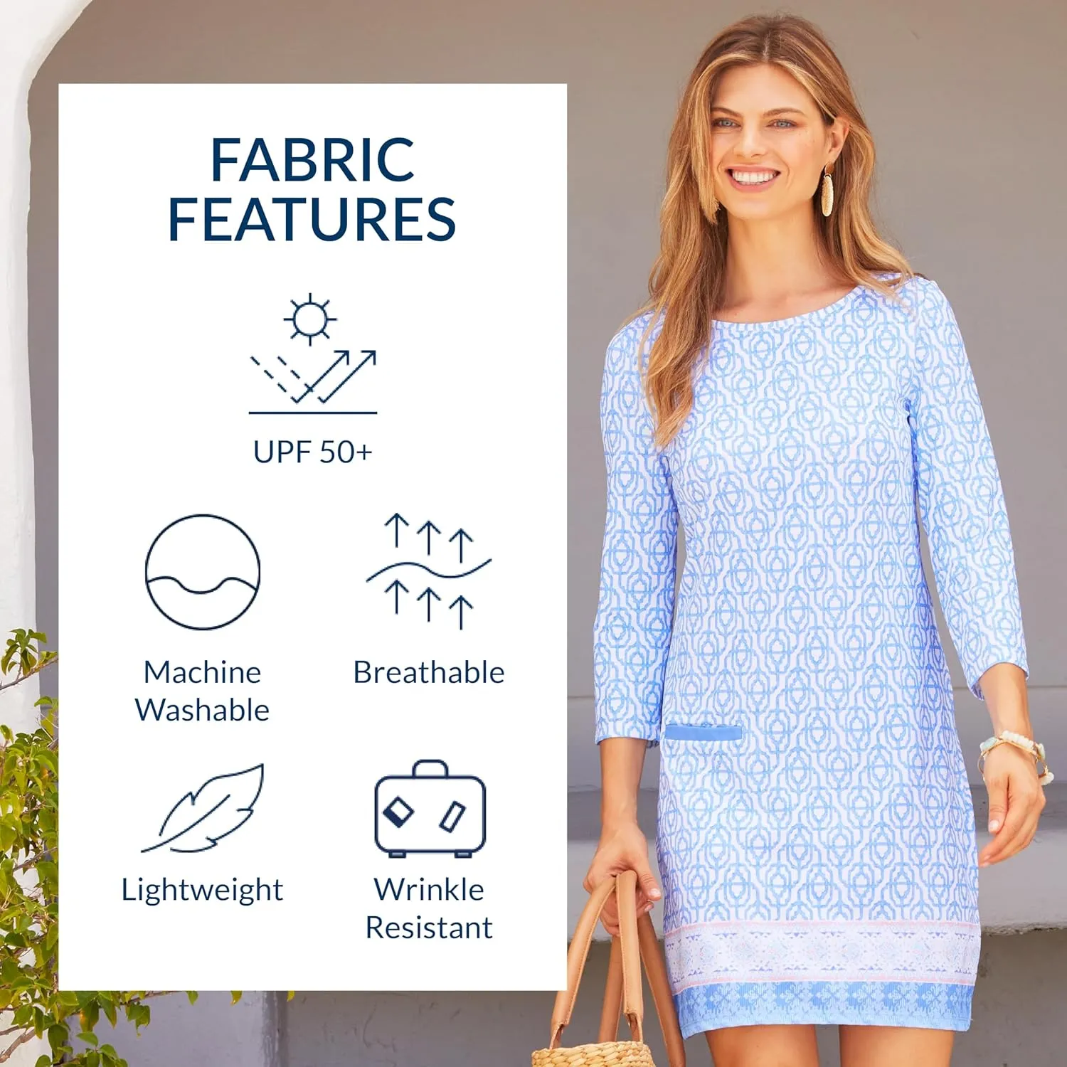 Cabana Life Shift Dress, UPF 50  Sun Protection Casual Dress, Boat Neckline, Quarter Sleeve, Womens Fashion