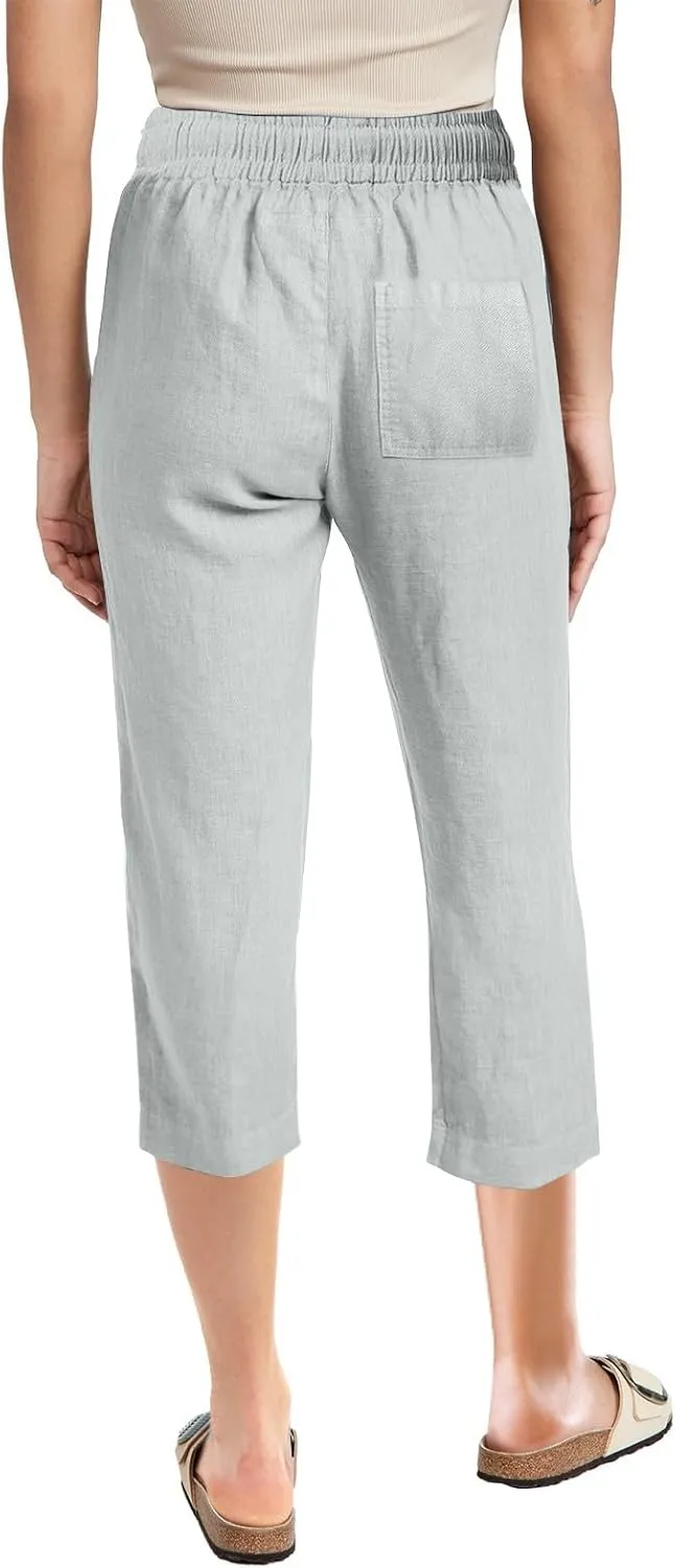 Capri Pants for Women Casual 2025 Summer Drawstring Elastic High Waist Linen Pant Straight Wide Leg Cropped Trouser