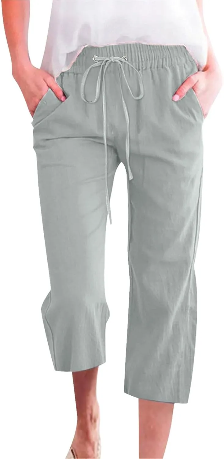 Capri Pants for Women Casual 2025 Summer Drawstring Elastic High Waist Linen Pant Straight Wide Leg Cropped Trouser