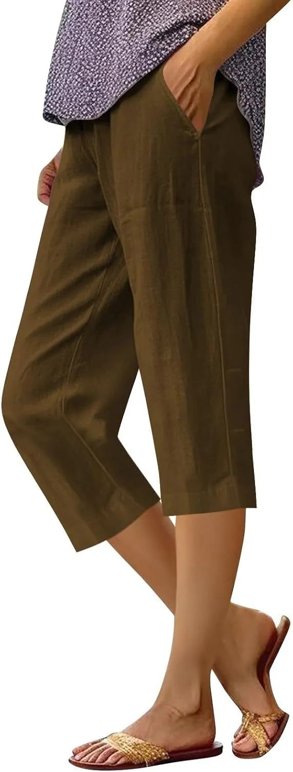Capri Pants for Women Summer Casual Loose Comfy Elastic Waist Cropped Hiking Trouser Outdoor Athletic