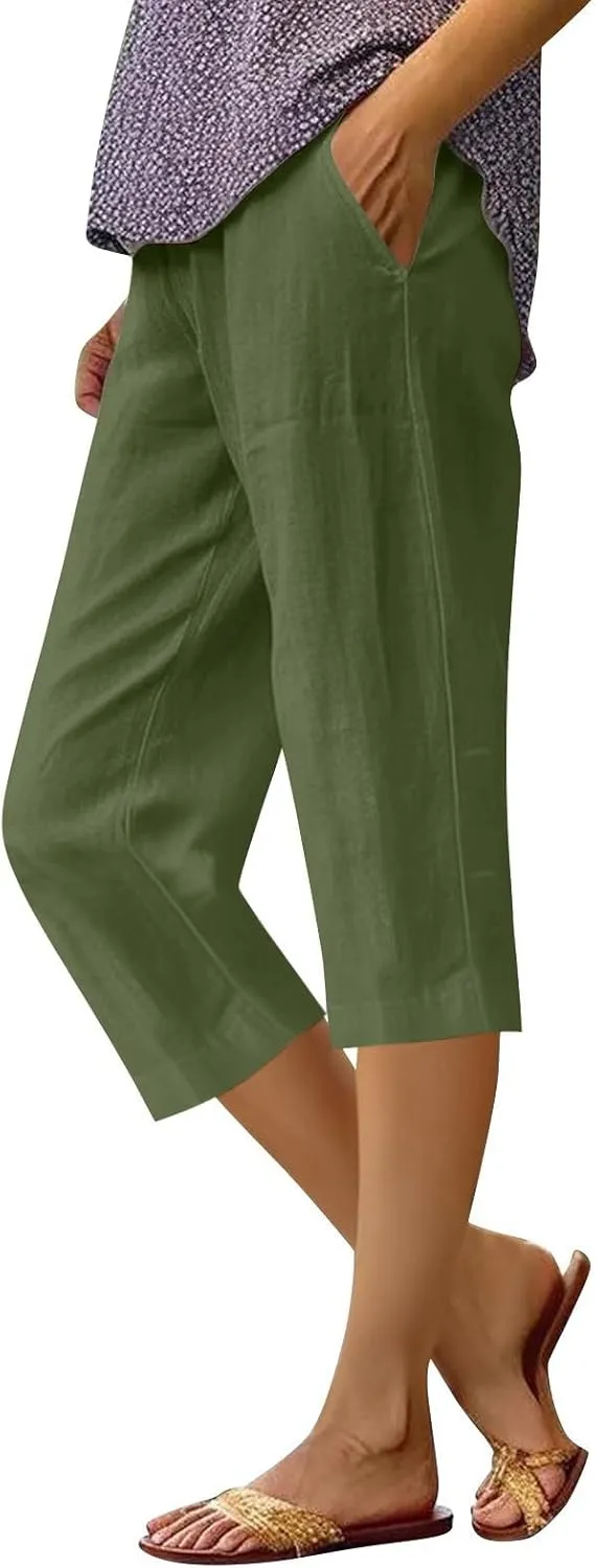 Capri Pants for Women Summer Casual Loose Comfy Elastic Waist Cropped Hiking Trouser Outdoor Athletic