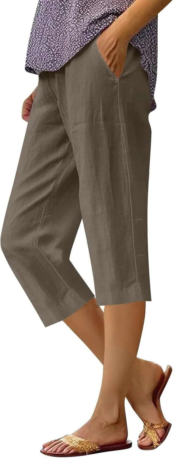 Capri Pants for Women Summer Casual Loose Comfy Elastic Waist Cropped Hiking Trouser Outdoor Athletic