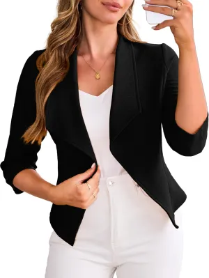 CARDYDONY Womens Cropped Blazer 3/4 Sleeve Classic Lapel Open Front Work Jacket S-XL