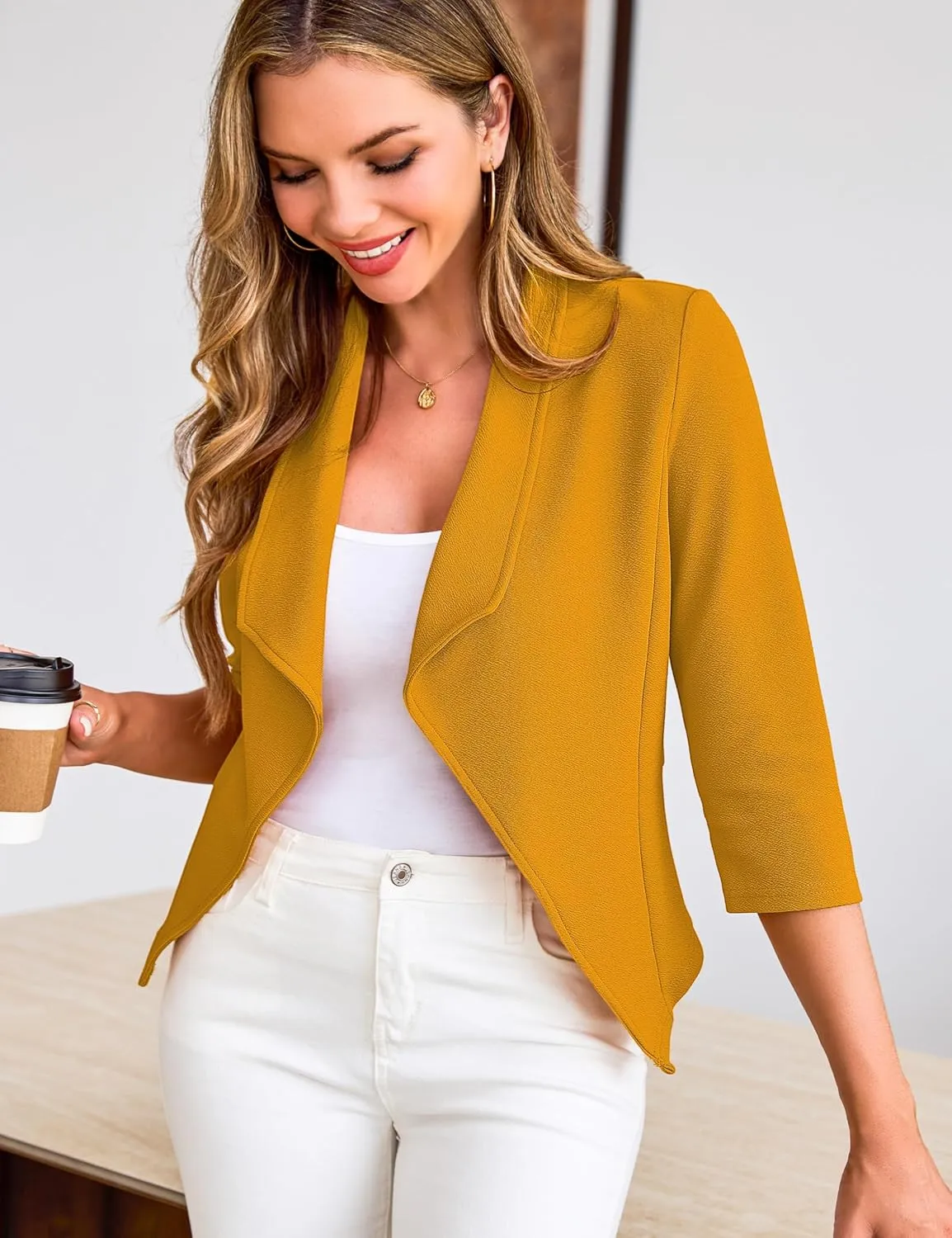 CARDYDONY Womens Cropped Blazer 3/4 Sleeve Classic Lapel Open Front Work Jacket S-XL