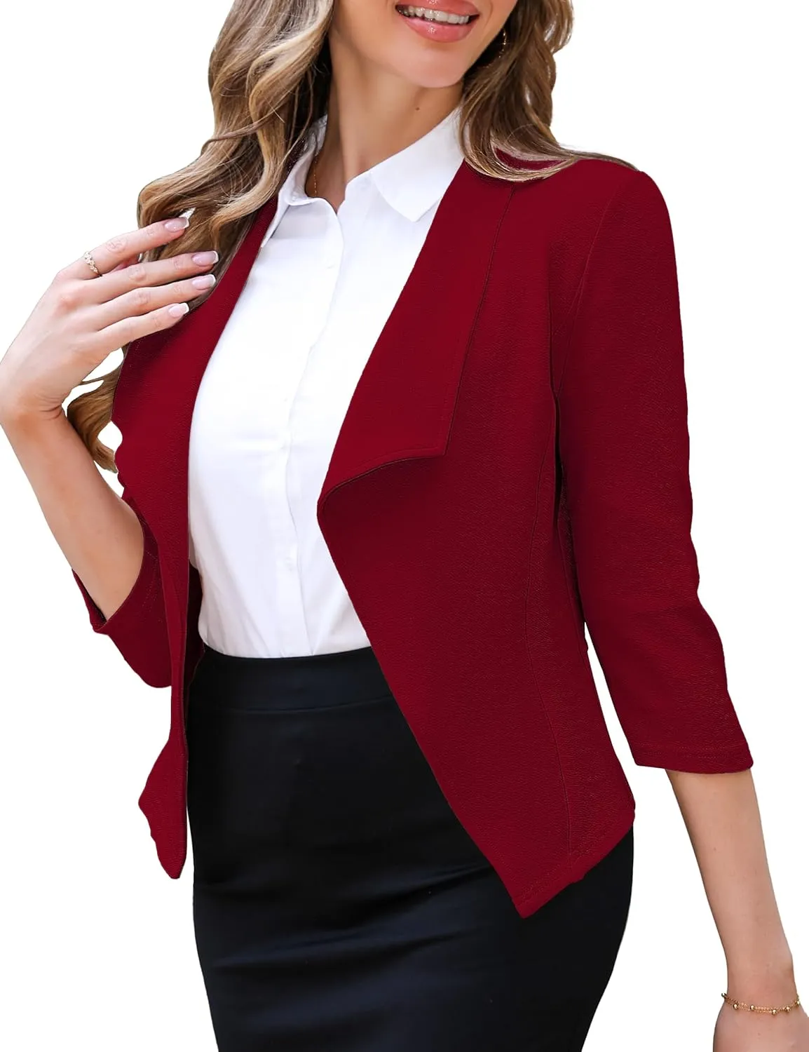 CARDYDONY Womens Cropped Blazer 3/4 Sleeve Classic Lapel Open Front Work Jacket S-XL