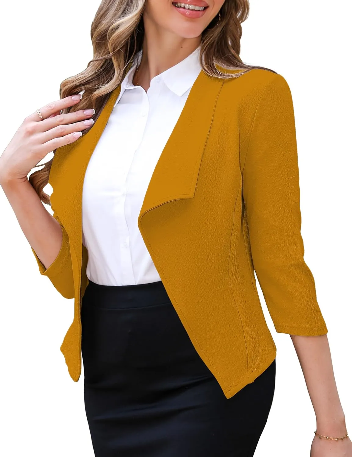CARDYDONY Womens Cropped Blazer 3/4 Sleeve Classic Lapel Open Front Work Jacket S-XL