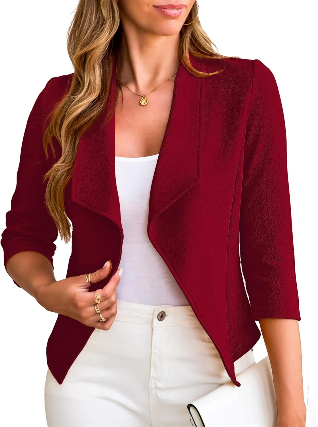 CARDYDONY Womens Cropped Blazer 3/4 Sleeve Classic Lapel Open Front Work Jacket S-XL