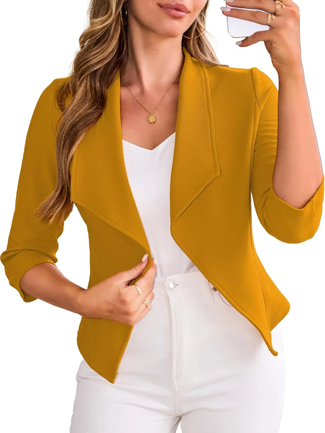 CARDYDONY Womens Cropped Blazer 3/4 Sleeve Classic Lapel Open Front Work Jacket S-XL