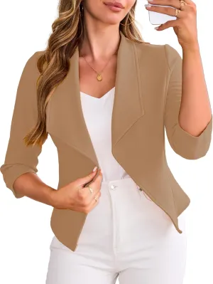 CARDYDONY Womens Cropped Blazer 3/4 Sleeve Classic Lapel Open Front Work Jacket S-XL