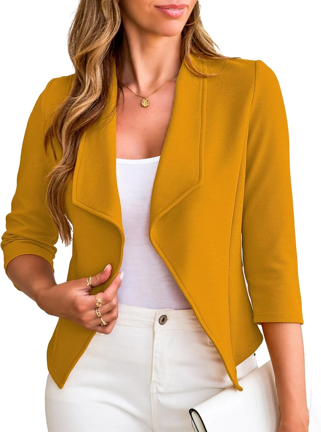 CARDYDONY Womens Cropped Blazer 3/4 Sleeve Classic Lapel Open Front Work Jacket S-XL