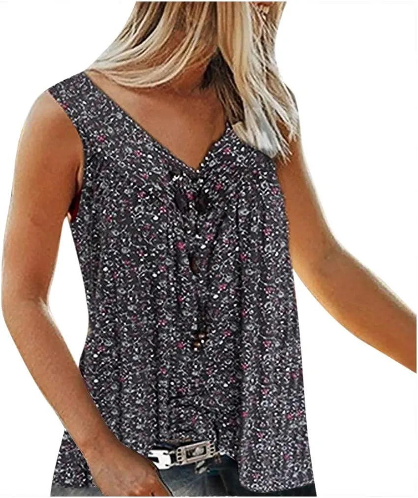 Ceboyel Women 2023 Boho Floral Summer Shirts V Neck Sleeveless Summer Tank Top Loose Fitted Blouse Tunic Ladies Beach Clothes