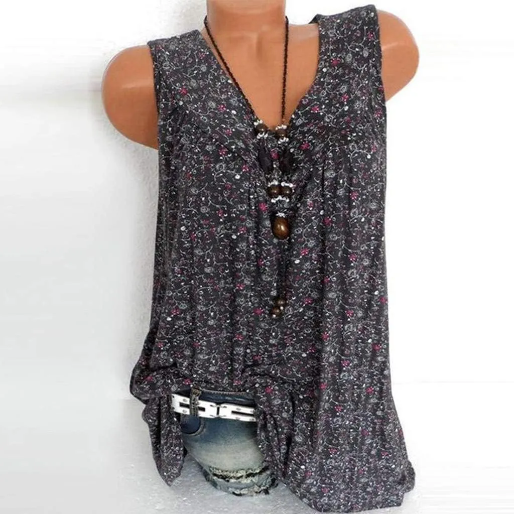 Ceboyel Women 2023 Boho Floral Summer Shirts V Neck Sleeveless Summer Tank Top Loose Fitted Blouse Tunic Ladies Beach Clothes