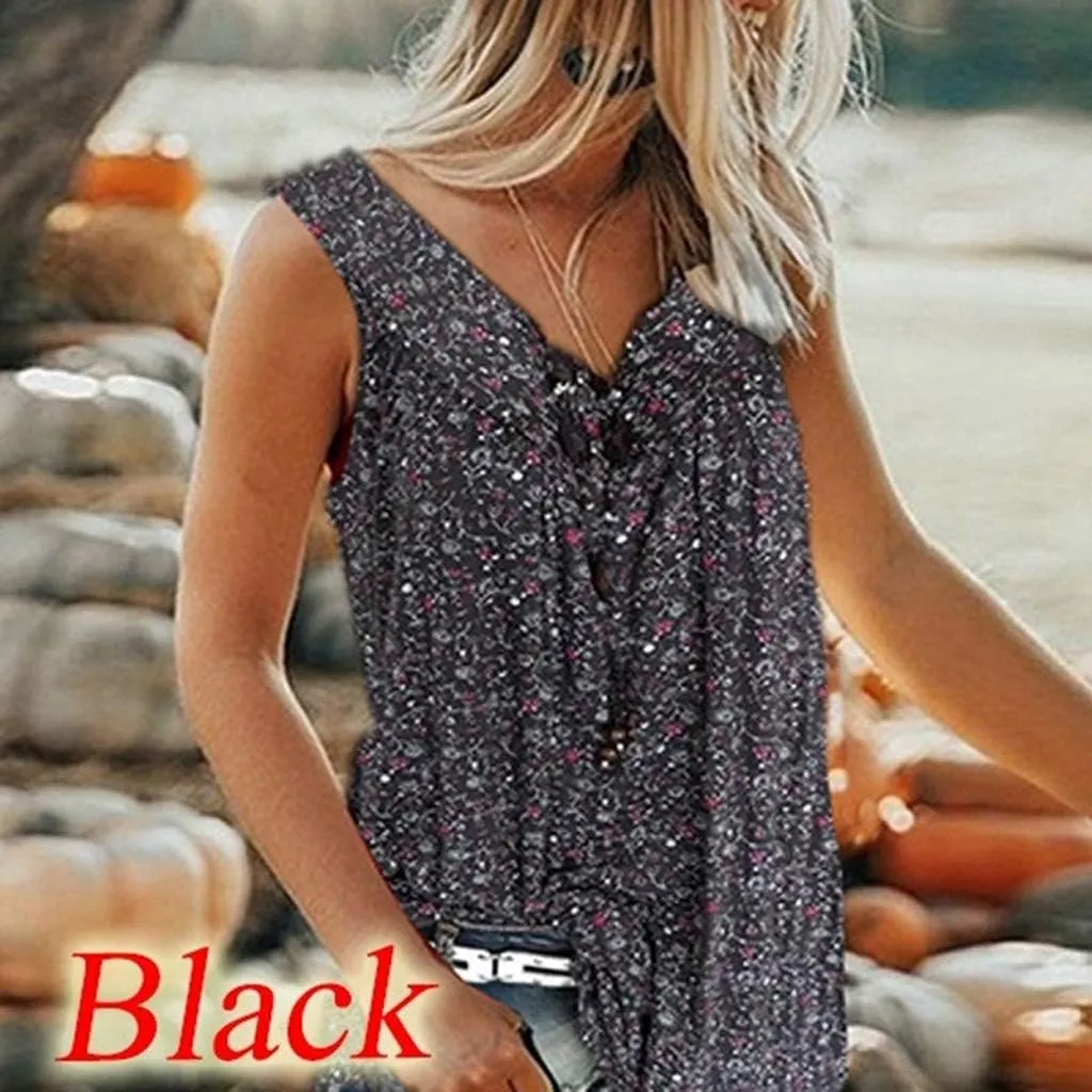 Ceboyel Women 2023 Boho Floral Summer Shirts V Neck Sleeveless Summer Tank Top Loose Fitted Blouse Tunic Ladies Beach Clothes