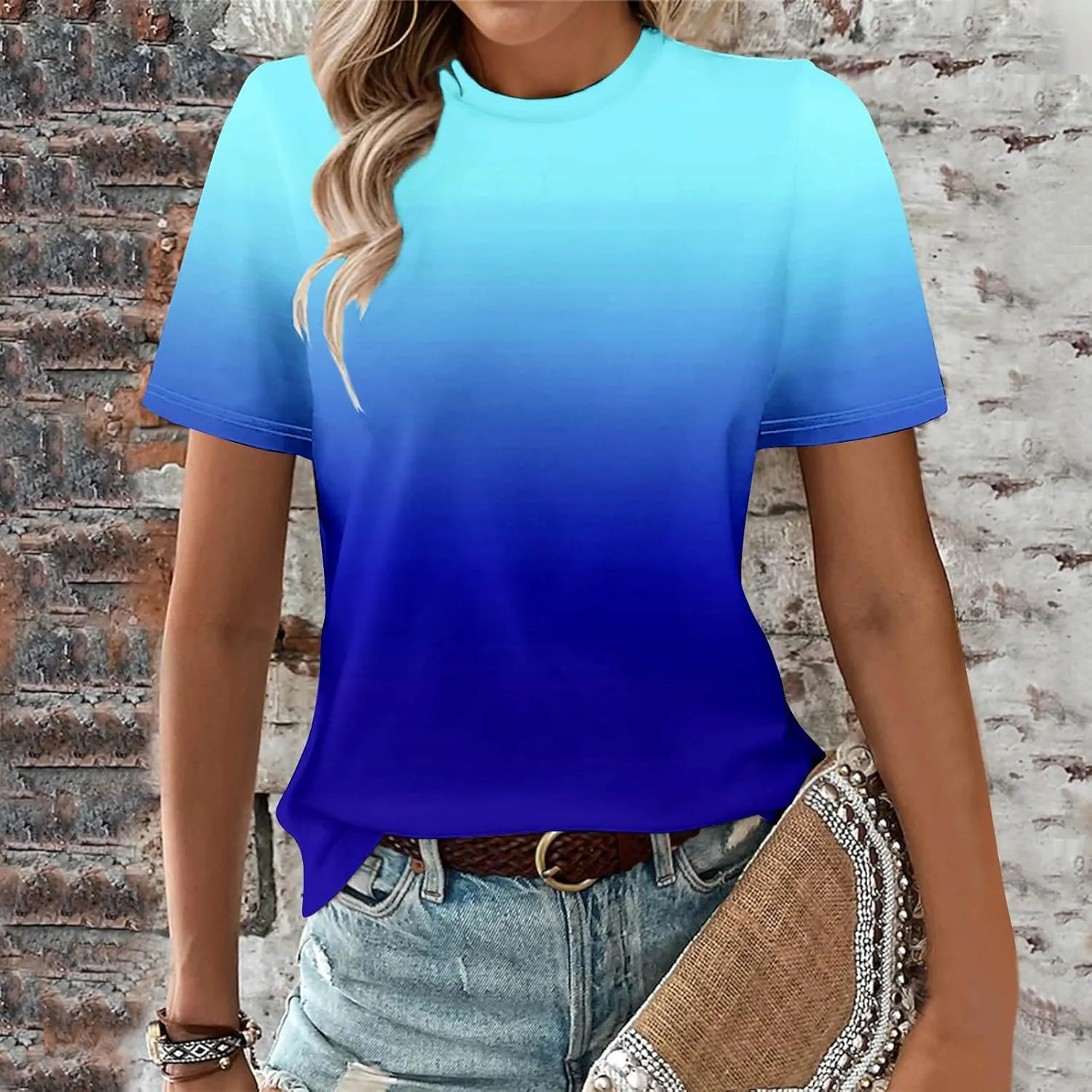 Ceboyel Womens Ombre Color Summer Tops Short Sleeve Tee Shirts Dressy Causal Cute Tshirts 2024 Trendy Vacation Clothes