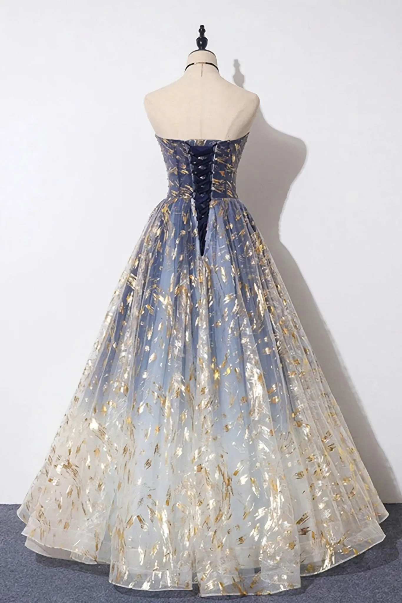 Charming Blue Floral Print Tulle Strapless Long A Line Prom Dresses Dance Dresses