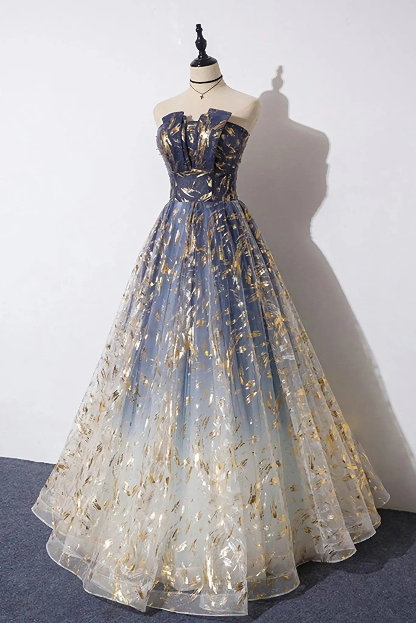 Charming Blue Floral Print Tulle Strapless Long A Line Prom Dresses Dance Dresses