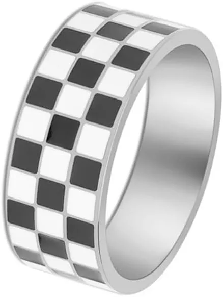 Checkerboard Bands Ring 14k Gold Plated Rings Stainless Steel Polished Black White Knuckle Statement Finger Couple Ring Comfort Fit Christmas Birthday Dainty Jewelry Gift for Women Men