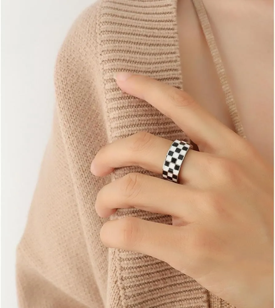 Checkerboard Bands Ring 14k Gold Plated Rings Stainless Steel Polished Black White Knuckle Statement Finger Couple Ring Comfort Fit Christmas Birthday Dainty Jewelry Gift for Women Men