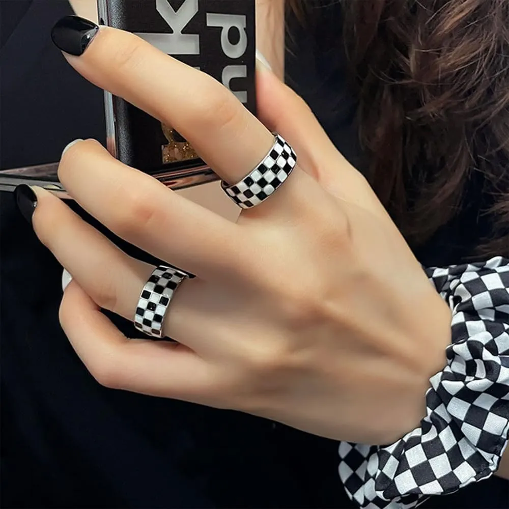 Checkerboard Bands Ring 14k Gold Plated Rings Stainless Steel Polished Black White Knuckle Statement Finger Couple Ring Comfort Fit Christmas Birthday Dainty Jewelry Gift for Women Men