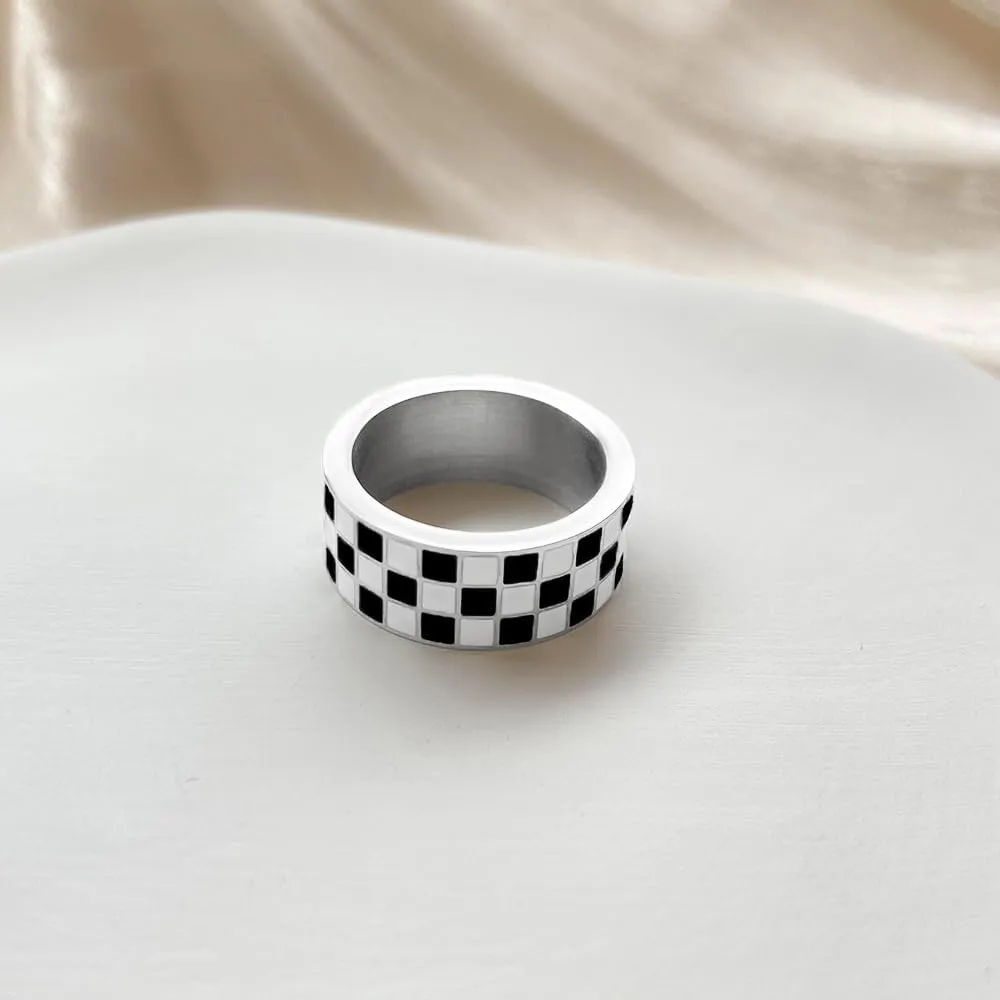 Checkerboard Bands Ring 14k Gold Plated Rings Stainless Steel Polished Black White Knuckle Statement Finger Couple Ring Comfort Fit Christmas Birthday Dainty Jewelry Gift for Women Men