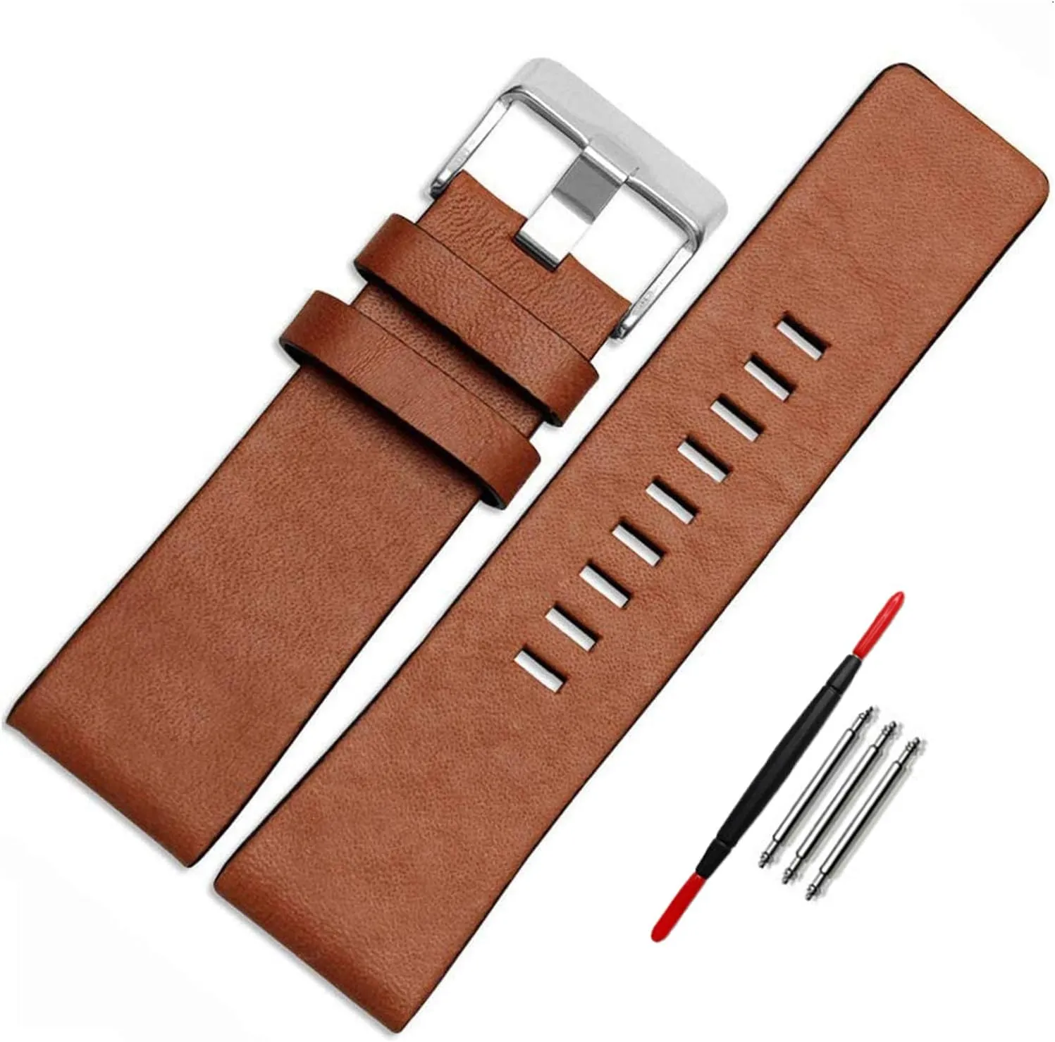 Choco&Man US Diesel Calfskin Leather Watch Band Strap with Tool 22mm 24mm 26mm 28mm 30mm Replacement for Men's Diesel Watches (Brown, 30mm)