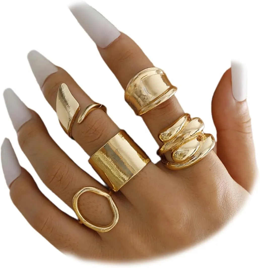 Chunky Gold Large Stack Statement Knuckle Rings Set Silver Exaggerated Wide Band Stacked Open Rings for Women Trendy Big Hollow Oval Jewelry Gifts