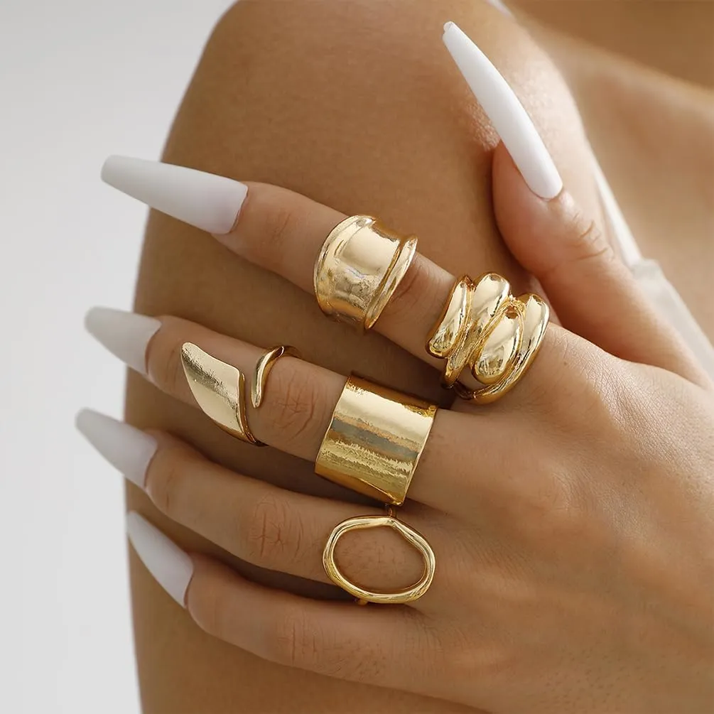Chunky Gold Large Stack Statement Knuckle Rings Set Silver Exaggerated Wide Band Stacked Open Rings for Women Trendy Big Hollow Oval Jewelry Gifts