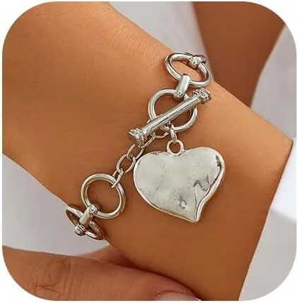 Chunky Gold Silver Bracelets for Women Gold Cross Heart Bracelets Toggle Statement Chain Bracelets Jewelry