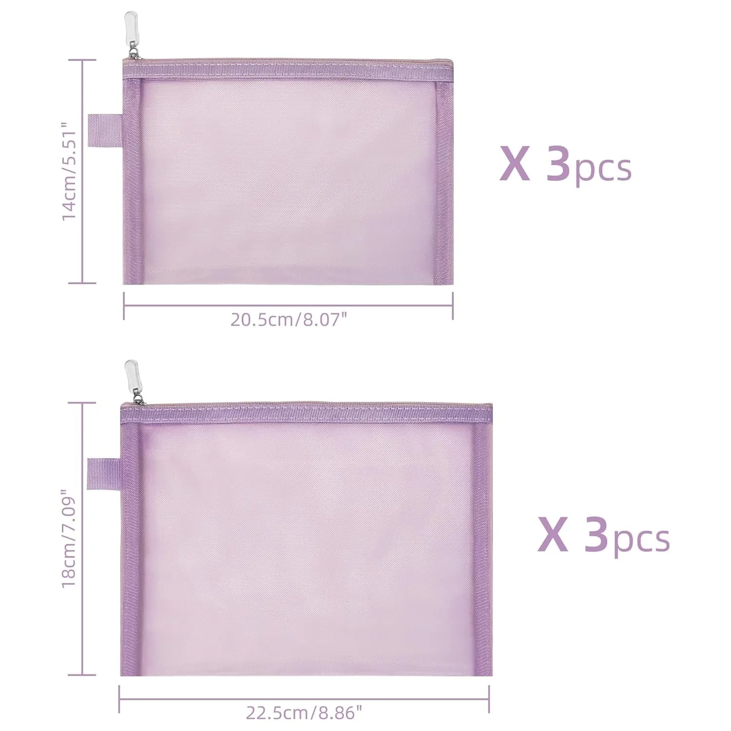 Clear Cosmetic Bags Zip Makeup Mesh Bags Pencil Case Pouch Travel Toiletry Kit Set Storage Case ((6A 5A)*3 Light Purple)