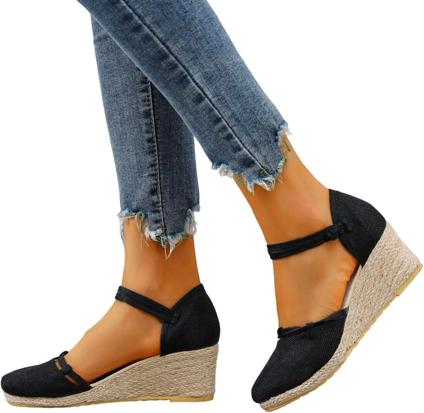 Closed Toe Espadrilles for Women Low Heel Ankle Buckle Strap Wedge Sandals Slingback Slip On Breathable Espadrille Wedges Sandal Summer Casual Fashion Platform Shoes Walking Beach Elegant Footwear