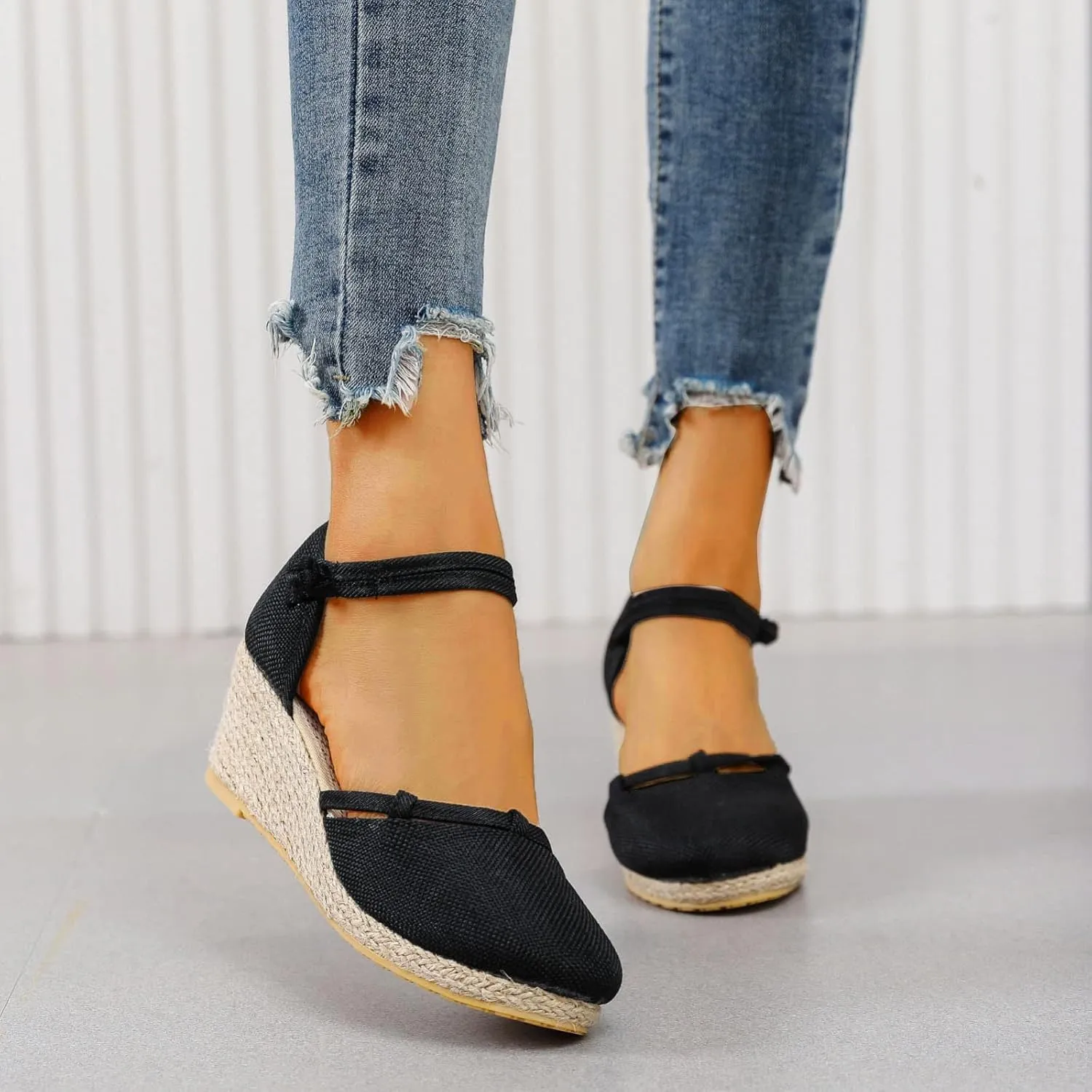 Closed Toe Espadrilles for Women Low Heel Ankle Buckle Strap Wedge Sandals Slingback Slip On Breathable Espadrille Wedges Sandal Summer Casual Fashion Platform Shoes Walking Beach Elegant Footwear