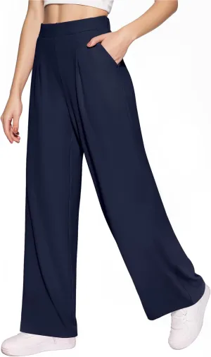CLOZOZ Womens High Waisted Dressy Pants Tummy Control Waffle Knit Loose Fit Straight Leg Stretch Casual Wide Leg Trouser