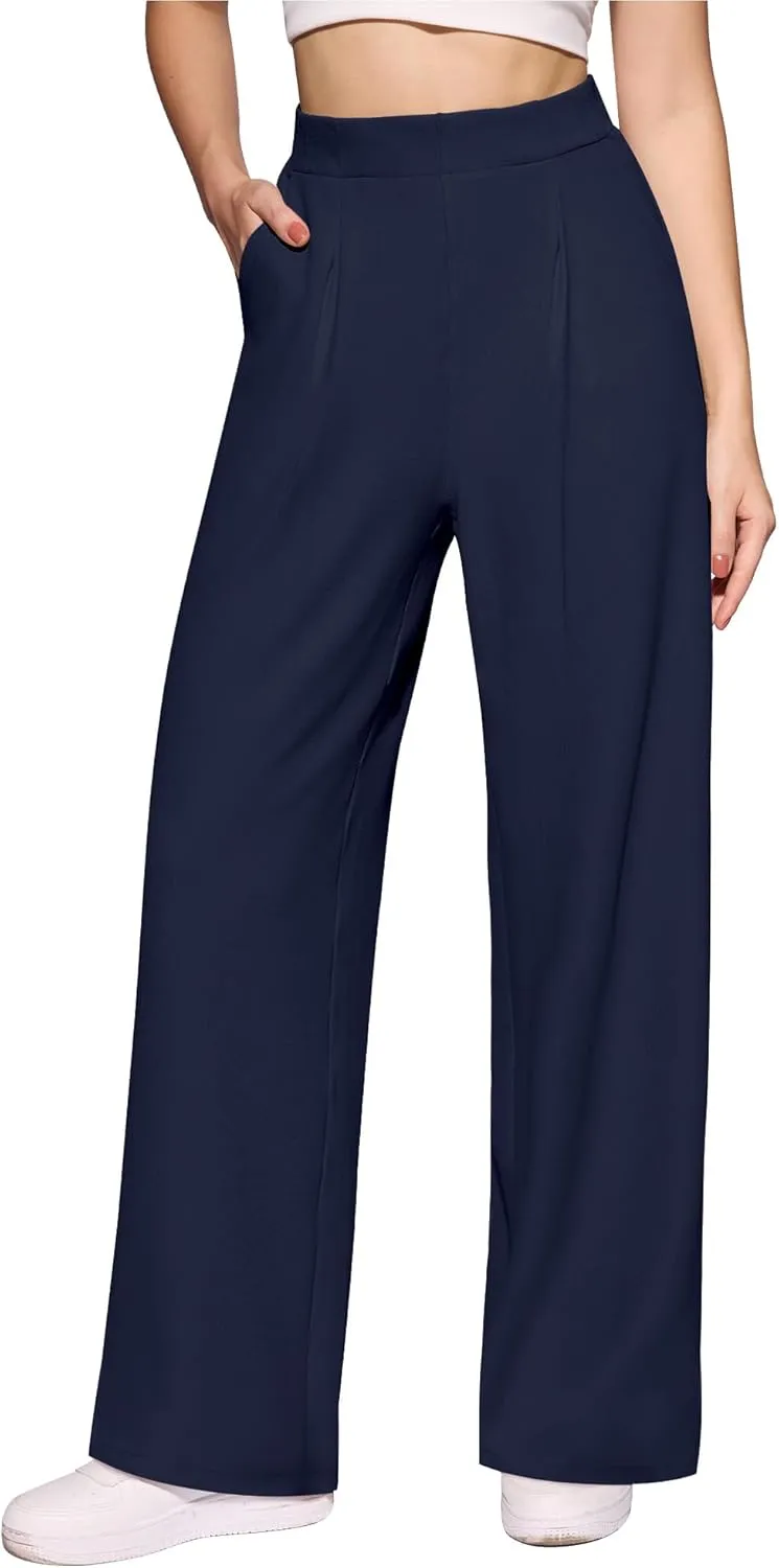 CLOZOZ Womens High Waisted Dressy Pants Tummy Control Waffle Knit Loose Fit Straight Leg Stretch Casual Wide Leg Trouser