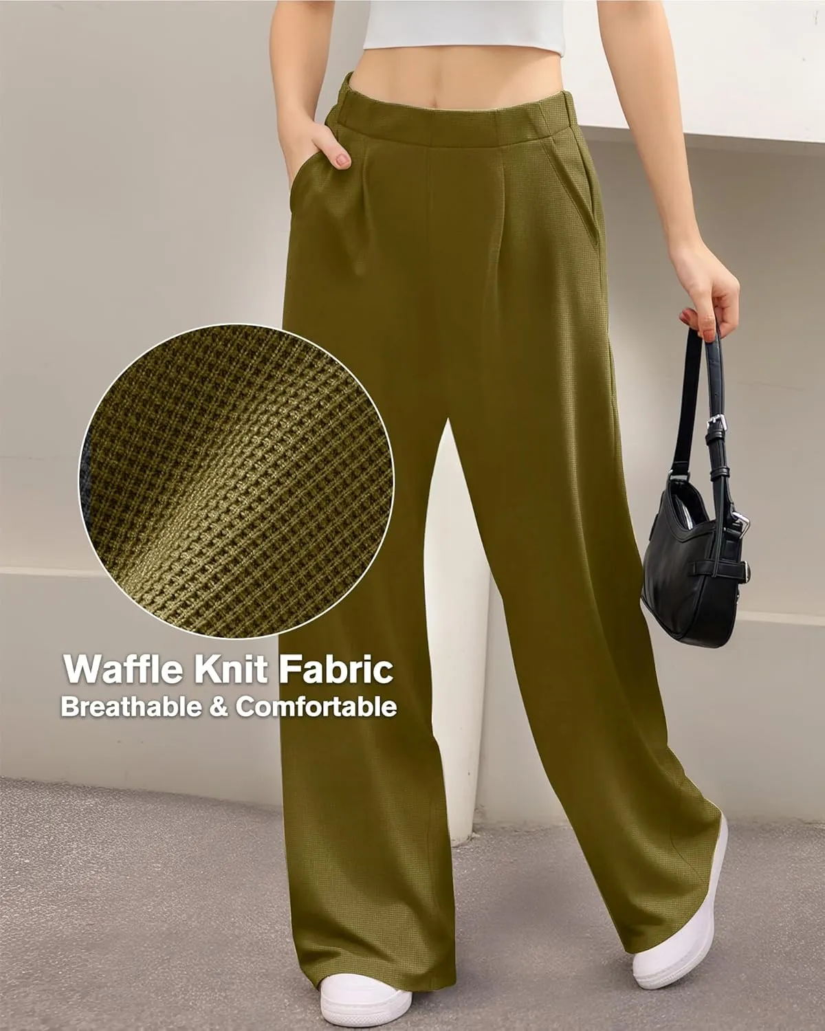 CLOZOZ Womens High Waisted Dressy Pants Tummy Control Waffle Knit Loose Fit Straight Leg Stretch Casual Wide Leg Trouser