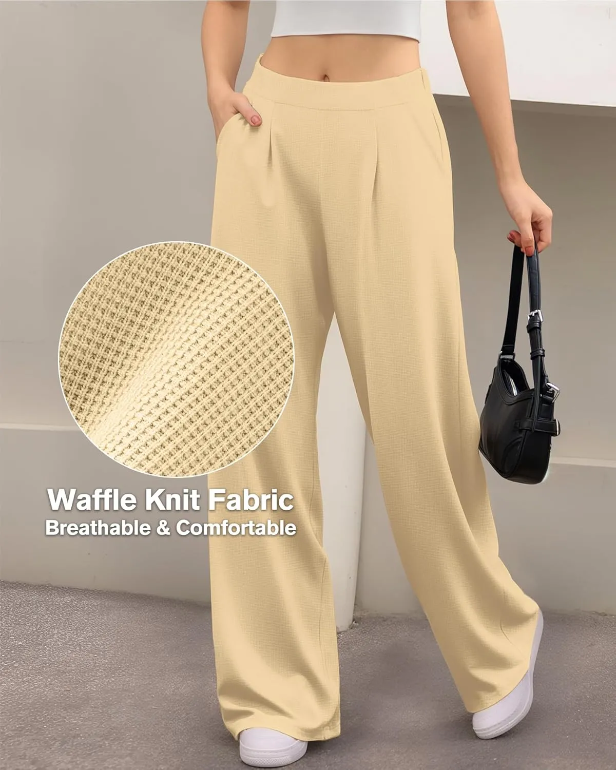 CLOZOZ Womens High Waisted Dressy Pants Tummy Control Waffle Knit Loose Fit Straight Leg Stretch Casual Wide Leg Trouser