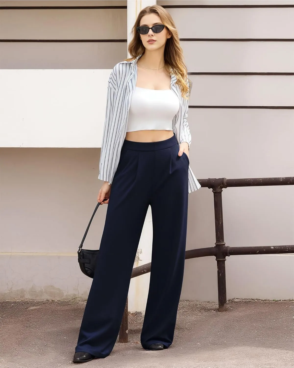 CLOZOZ Womens High Waisted Dressy Pants Tummy Control Waffle Knit Loose Fit Straight Leg Stretch Casual Wide Leg Trouser