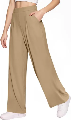 CLOZOZ Womens High Waisted Dressy Pants Tummy Control Waffle Knit Loose Fit Straight Leg Stretch Casual Wide Leg Trouser